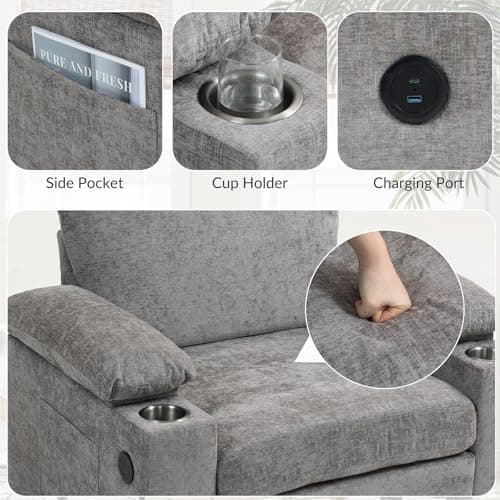 Light Grey Chenille Chaise Lounge with Ottoman & USB, Storage Armrests, & Side Pockets