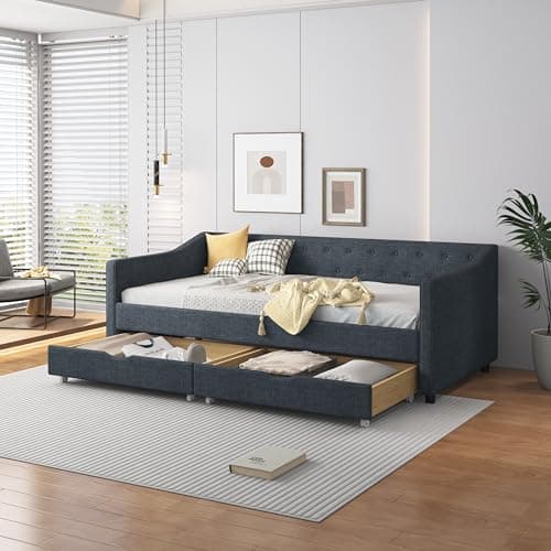 Ergonomic Twin Upholstered Daybed with Drawers & Waved Arms, Dark Grey