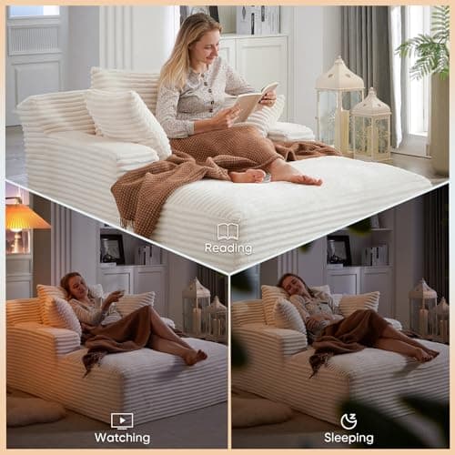 Beige Modern 50-inch Upholstered Chaise Lounge Sofa Bed with Throw Pillows and Armrests