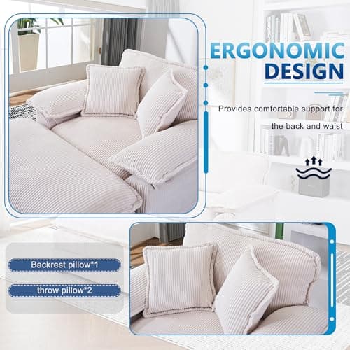Oversized Cream White Corduroy Chaise Lounge Chair & Ottomans