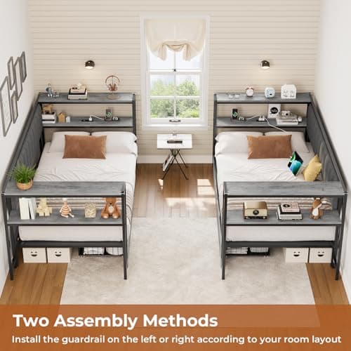 Twin Daybed with Shelves & Charging Station, Oak Gray, Living Room Bed