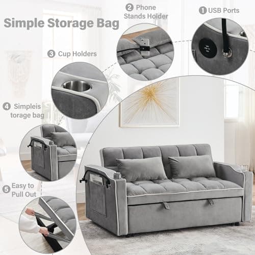 3-in-1 Velvet Convertible Sofa Bed with Storage & USB Port, Gray