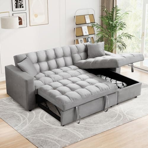 Convertible Sleeper Sofa Bed,82.6"W Velvet Tufted L Shaped Sectional Couch with Adjustable Back & Reversible Storage Chaise,Modern Futon Pull Out Couch Bed for Living Room,Apartment,Small Place(Grey)