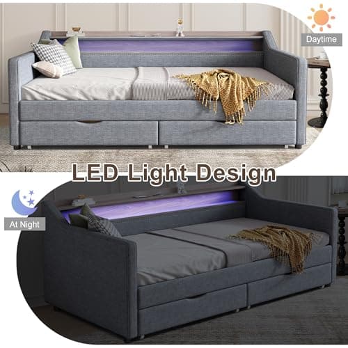 Linen Upholstered Ball & Cast Twin Daybed with Storage & Light Grey USB Port