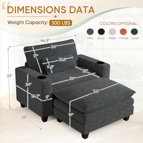Oversized Grey Corduroy Chaise Lounge Chair with Ottoman & USB Port