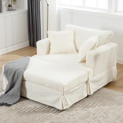 Beige Luxe Chaise Lounge With Ottoman & 2 Pillows 48" Modern Soft Reading Chair