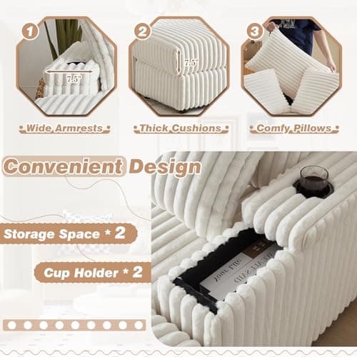 Beige 84 Oversized Chaise Lounge Chair with Ottoman, Storage & Cup Holders - Modern Sectional Sofa Bed for Living Room, Office (3 Seater)