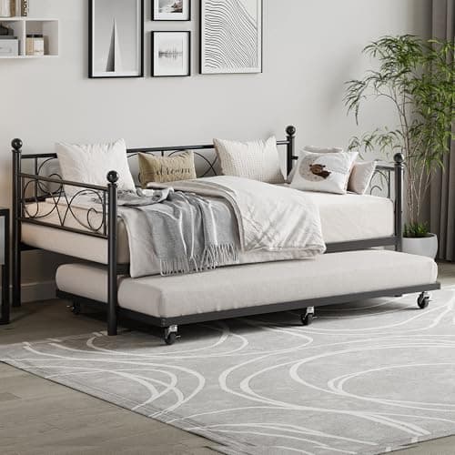 Gold Metal Day Bed, Twin Size with Floral Headboard, Modern SOFE Bed Frame