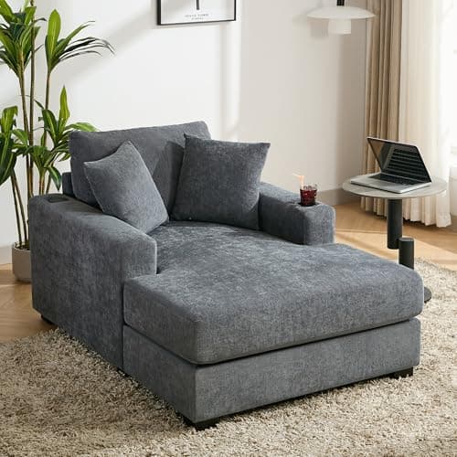 Blue-gray 55" Oversized Chaise Lounger with Chenille Fabric, Pillows, Charge Station & Cup Holders