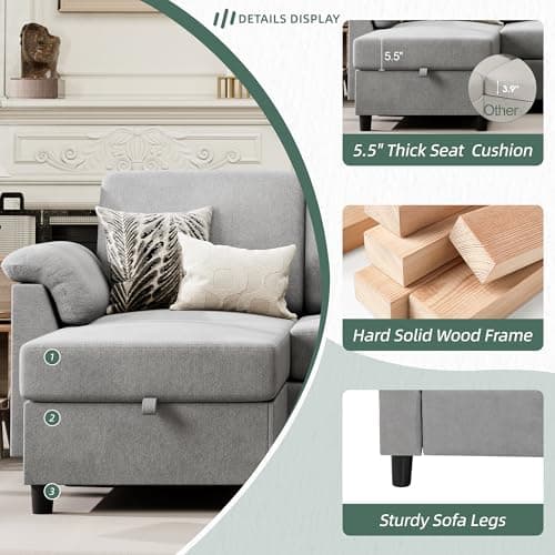 Vongrasig 79" L-Shaped Couch with Storage Ottoman, Light Grey Linen Fabric
