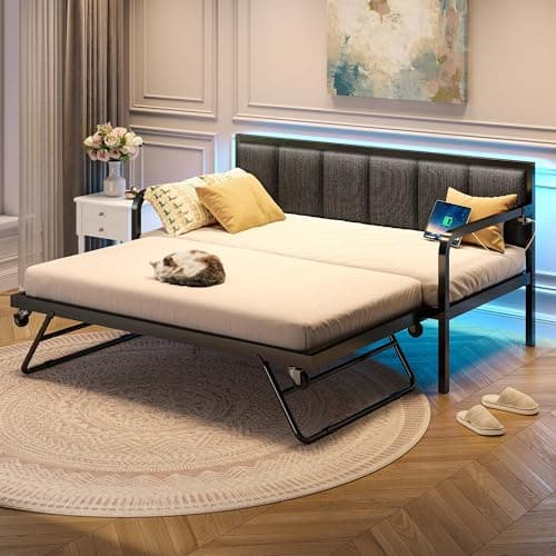 Rolanstar Adjustable Height LED Daybed with USB, Grey Upholstery for Living Room