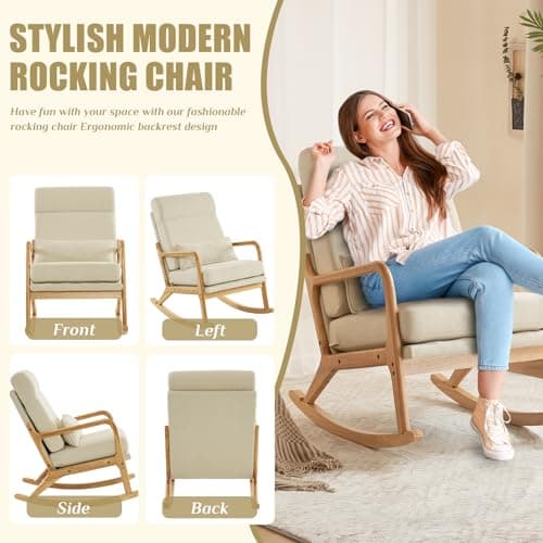 Karl Home Beige Removable Glider Rocking Chair Mid-Century High Backrest