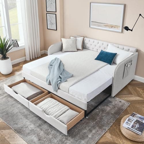 Twin Size Day Bed with Trundle and Storage Drawers for Living Room or Guest Room