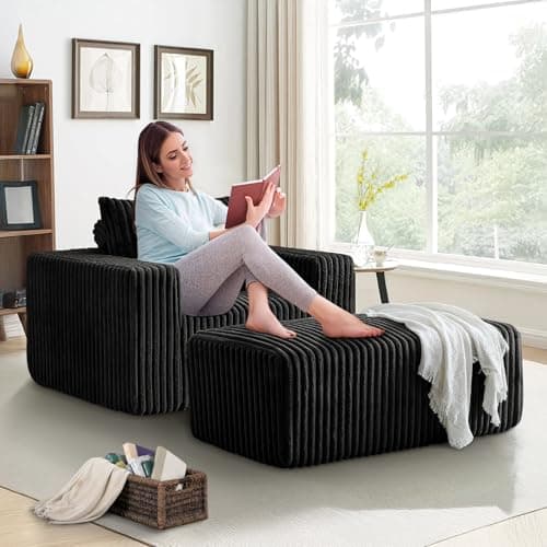 Oversized 48.5 Indoor Chaise Lounge Chair with Ottoman - Plush Corduroy Sofa for Living Room (Black)