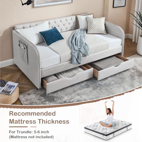 Antetek Modern Button Tufted Linen Daybed with Drawer, Beige