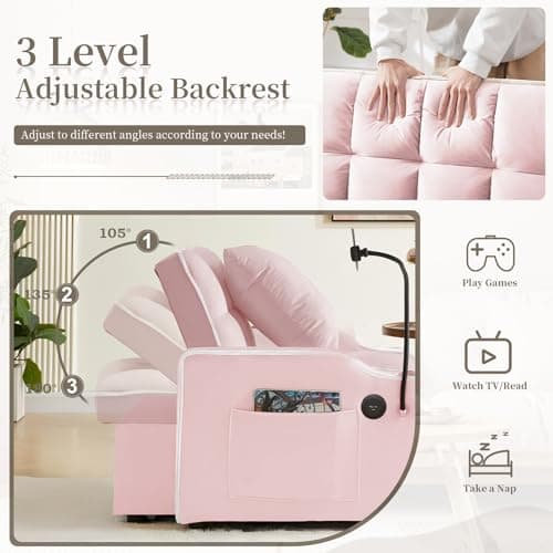 Convertible Velvet Sleeper Chair Bed with USB Ports & Phone Holder - 3-in-1 Recliner for Living Room & Small Spaces (Pink)