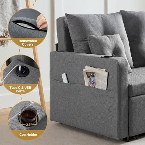 3-in-1 Full Size Grey Sleeper Sofa Bed with Storage & USB, Living Room & Bedroom Essential