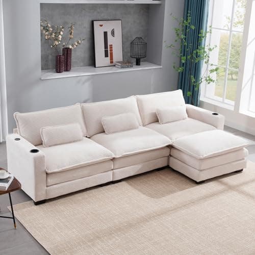 KIVENJAJA Beige Corduroy Cloud Sectional Couch, 82.7"W, Modular Loveseat with Ottoman & USB Port