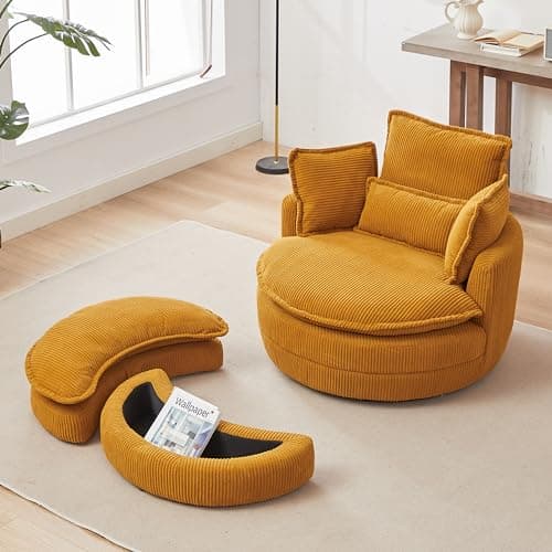 Oversized Grey Swivel Chair with Moon Ottoman & 4 Pillows