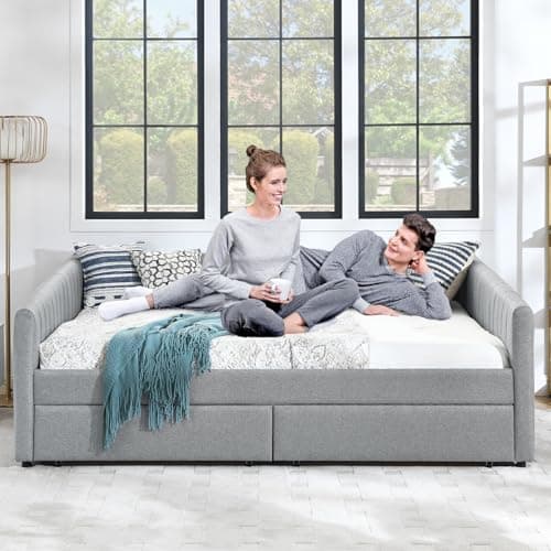 JEEOHEY Linen Grey Stripe Queen Daybed with Storage