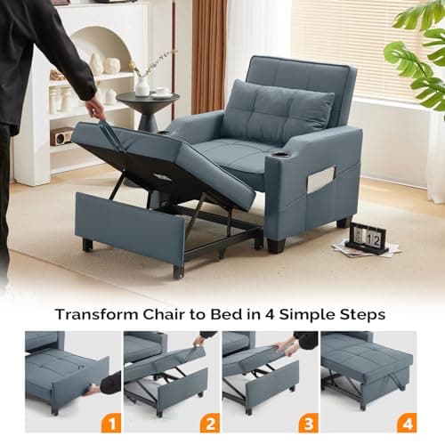VINGLI 3-in-1 Convertible Sofa Bed Chair, Blue Gray Adjust Backrest USB Cup Holders