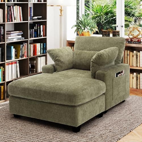 Oversized Chenille Chaise Lounge Chair with Ottoman (57.6", Green)