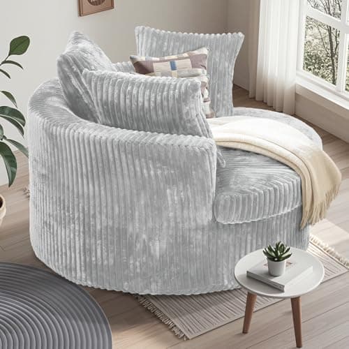 Oversized Round Corduroy Chaise Lounge Chair Bed, Plush Backrest, Throw Pillows, No Assembly Required