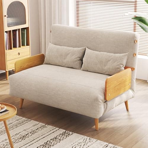 3-in-1 Convertible Chair Bed Sleeper for Adults, Linen Convertable Chair with Wooden Arms & Pillows