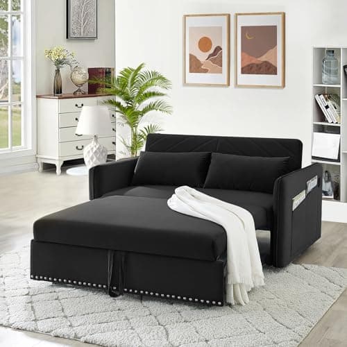 Convertible Sleeper Sofa Couch with Pull Out Bed, Modern Velvet Sofa Bed with Adjustable Backrest & USB Ports