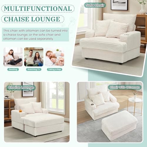 Cozy Chaise Lounge Chair with Ottoman for Indoor, Modern Deep Seat Sofa (White)