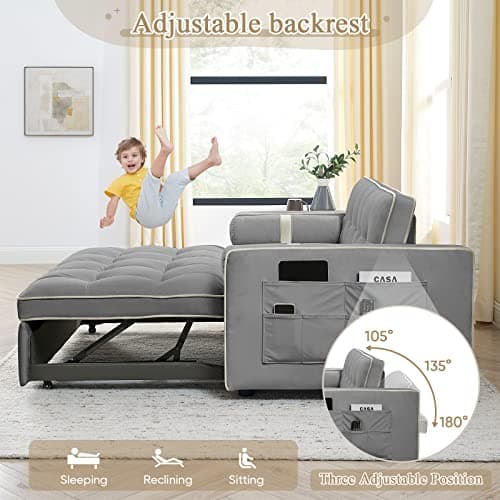 3 in 1 Tufted Velvet Couch Bed, Grey, 55.5"