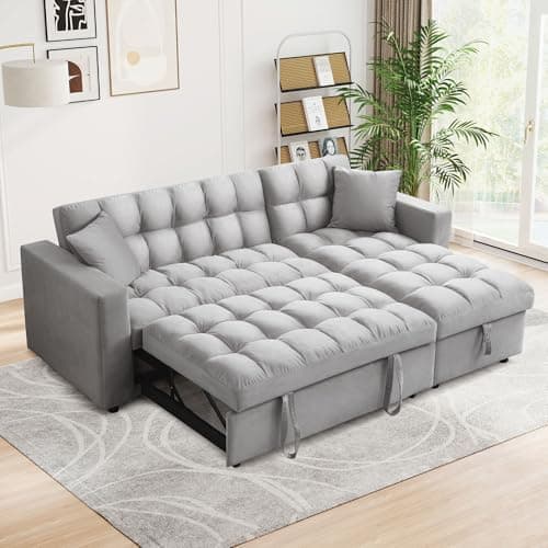 Convertible Sleeper Sofa Bed,82.6"W Velvet Tufted L Shaped Sectional Couch with Adjustable Back & Reversible Storage Chaise,Modern Futon Pull Out Couch Bed for Living Room,Apartment,Small Place(Grey)