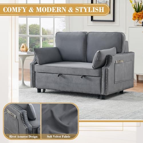 Grey Velvet Convertible Sleeper Sofa Bed, 50 Pull Out Couch, Modern Loveseat with Side Pocket for Small Spaces