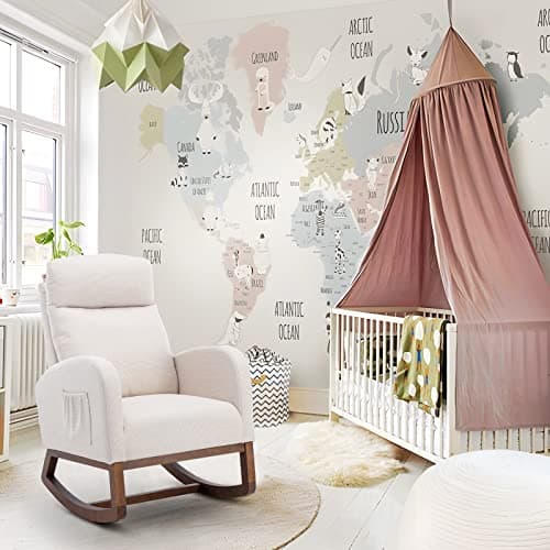 Modern Nursery Rocking Chair with Solid Wood Legs and Side Pockets