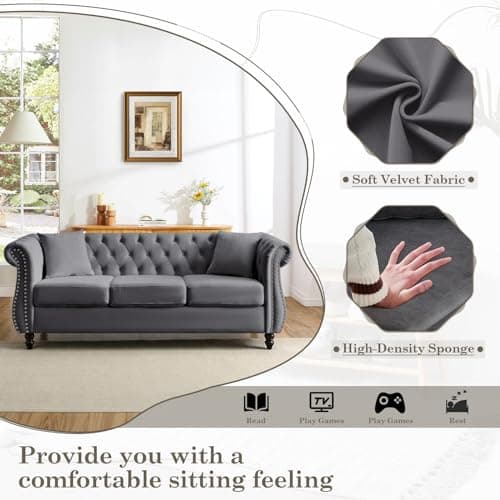 Chesterfield Sofa Set, 2 Pieces Velvet Couch with Nailhead Trim and Rolled Arms