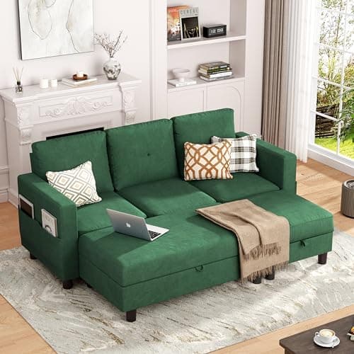 SUNLEI Movable Ottoman Storage L-Shaped Couch, Dark Grey Linen, Living Room Fit Small Spaces