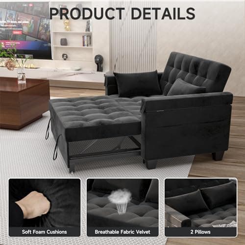 3-in-1 Convertible Sofa Bed with Adjustable Backrest & Hidden Side Table, Black