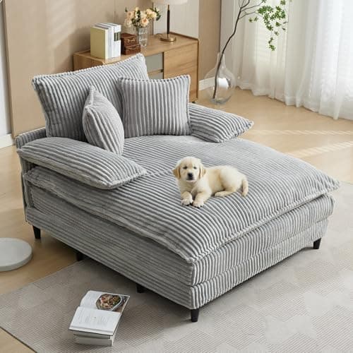 55” Black Corduroy Oversized Comfy Lounge Chaise Chair with 3 Throw Pillows, 4-Position Adjustable Backrest