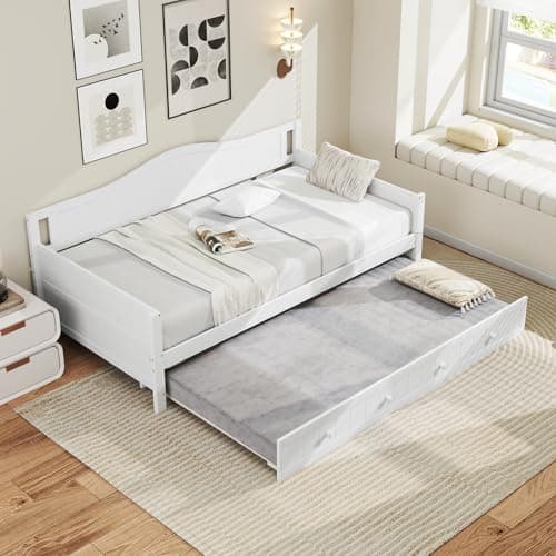 Giantex White Twin Daybed with Trundle & Slats Support