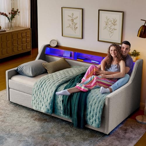 Modern Twin Size Daybed with Storage Drawers, Wireless Charger, and LED Light for Living Room or Apartment