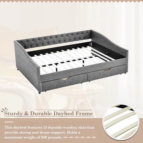 JEEOHEY Grey Linen Button Tufted Queen Daybed with Storage & Nailhead Trim