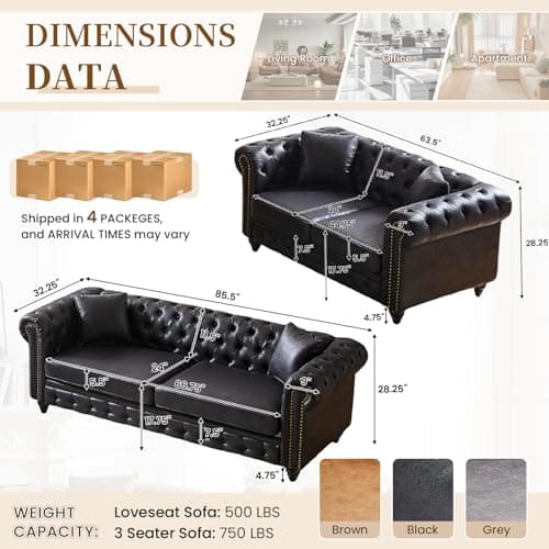 Mid Century Modern 2 Piece Sofa Set: Button Tufted Loveseat & 3 Seater, Nailhead Trim, Black