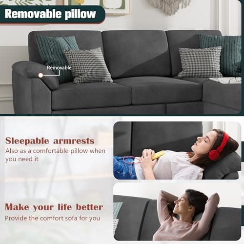 Vongrasig 79" L-Shaped Convertible Sofa, 3 Seater Linen Fabric Couch (Bk)