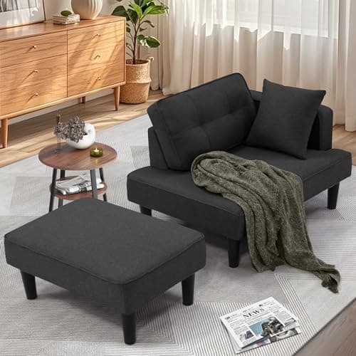 SEJOV Convertible Recliner Sofa Bed, Small Living Room Sectional with Chaise & 2 Pillows, Linen Blue