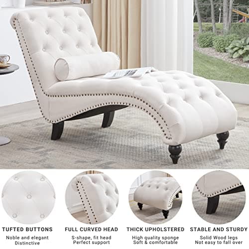 Beige Button-Tufted Armless Chaise Lounge with Solid Wood Legs & Pillow for Living Room