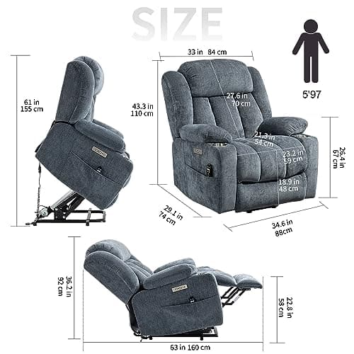 Chenille Blue Power Lift Recliner with Full-Body Massage and Heat