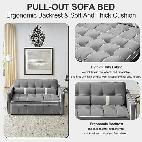 3-in-1 Sleeper Sofa Bed with Velvet Tufted Pull Out Couch, Adjustable Backrest (Grey)