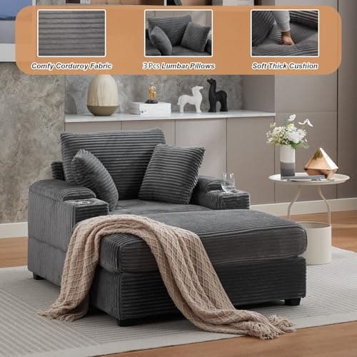 Oversized Grey Chaise Lounge Chair with Ottoman & Storage
