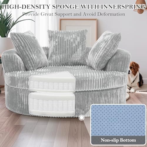 Oversized Round Corduroy Chaise Lounge Chair Bed, Plush Backrest, Throw Pillows, No Assembly Required