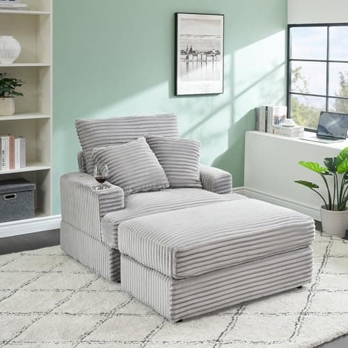 Cozy Chaise Lounge Chair with Ottoman for Indoor, Modern Deep Seat Sofa (White)